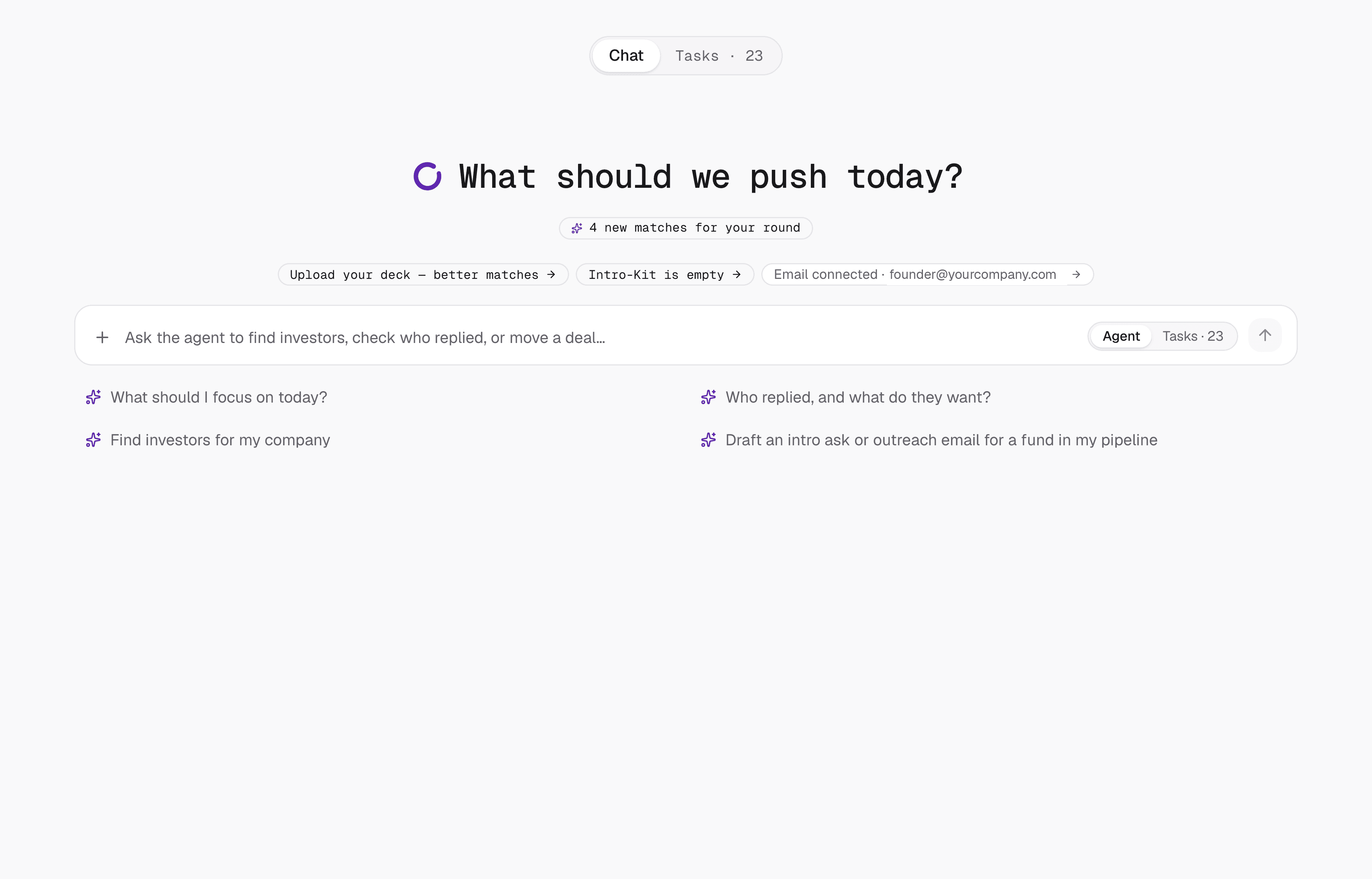 Oka's home screen — a chat with the agent and the day's tasks, each one waiting for the founder's review